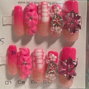 Pink Floral Embellished Press-On Nails